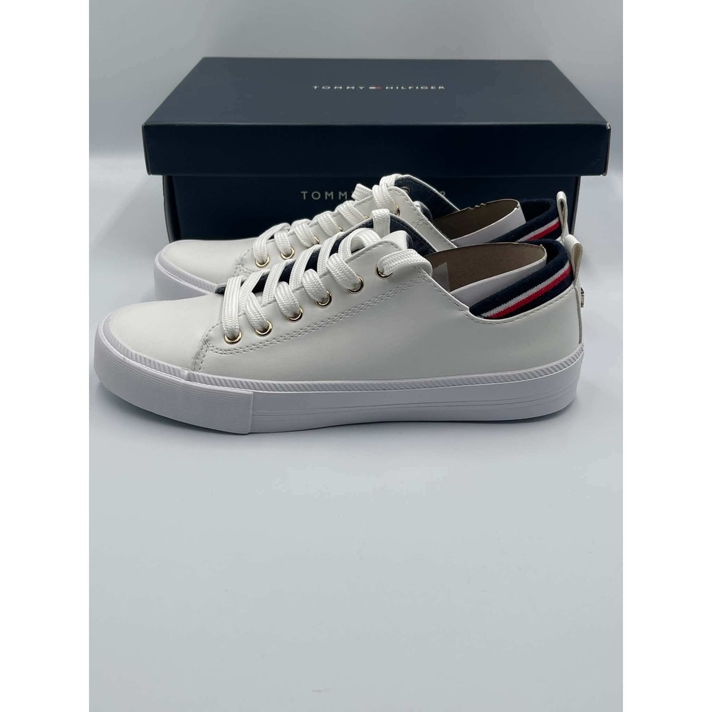 Tommy Hilfiger Women White Two Low Top Sneakers Striped Collar Size 7 M